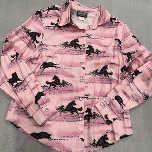 [L]VTG Roughrider by Circle T Pink Horse Print Button LS Shirt